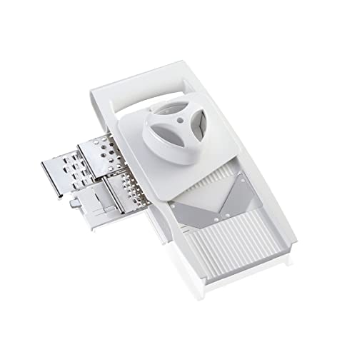 Leifheit Rallador multiusos 4+1, rallador de verdura con afiladas cuchillas intercambiables, loncheadora con múltiples tipos de corte, mandolina de cocina con empuñadura protectora, blanco