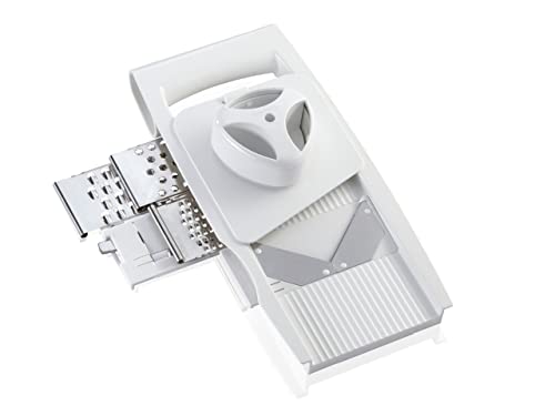 Leifheit Rallador Multiusos 4+1, rallador de verdura con afiladas Cuchillas Intercambiables, loncheadora con múltiples Tipos de Corte, mandolina de Cocina con empuñadura Protectora, Blanco