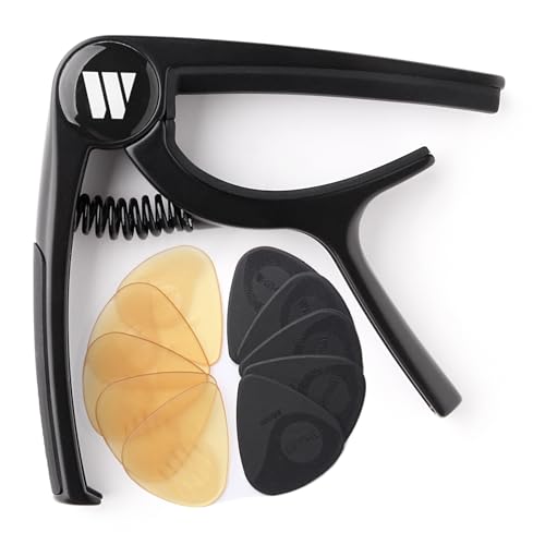 WINGO Cejilla para guitarra acústica y eléctrica, ukelele, mandolina, banjo, color negro, con 10 púas antideslizantes.