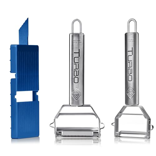 Turbo Produkte Pelador de Patatas de Acero Inoxidable Universal, Juego de 3 Piezas 1 Pelador para Pelar y Cortar, 1 Cortador de Juliana Intercambiable, 1 Tabla de Cortar - Doble Hoja Dentada