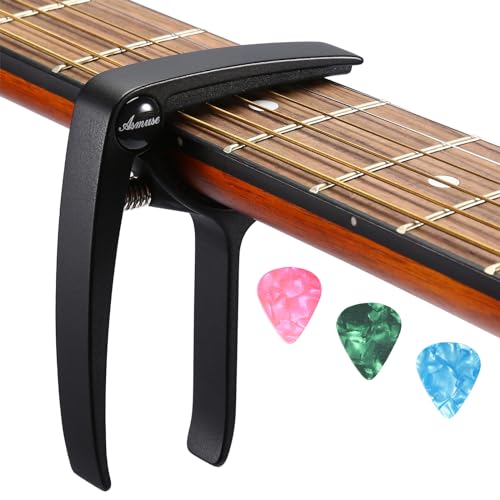 Asmuse Cejilla Guitarra Española Acústica Eléctrica Profesional, Guitar Capo de Ligero Aleación de Aluminio con 3 Púas de Guitarra para Guitarra Acústica Eléctrica Bajo Ukelele Mandolina Banjo