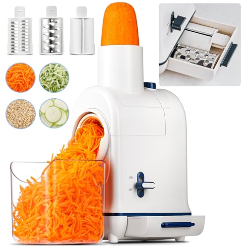 Rallador electrico, AOBOSI Cortador Verduras Electrico con Gran Tolva para Zanahorias Enteras,Patatas, 3 Cuchillas y Motor Silencioso, caja de almacenamiento-Actualizar