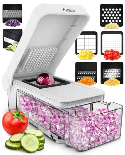 Multifuncional Cortador de Verdura Mandolina de Cocina Profesional - Manual Picador de Verduras Patatas Cebolla - Rallador Verduras y Queso - Gadgets Cocina (Compacto 7-en-1 Blanco)