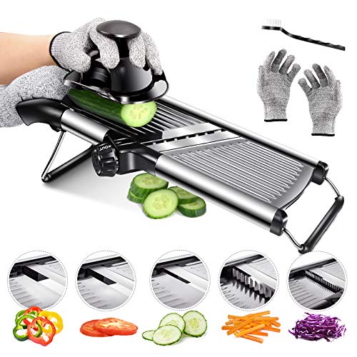Masthome Mandolina de Acero Inoxidable Profesional, Mandolina Multifuncional Ajustable, Mandolinas Hacer Rodajas Gruesas de 1 a 9 mm - con Guantes a Prueba de Cortes y Cepillo de Limpieza, Negro