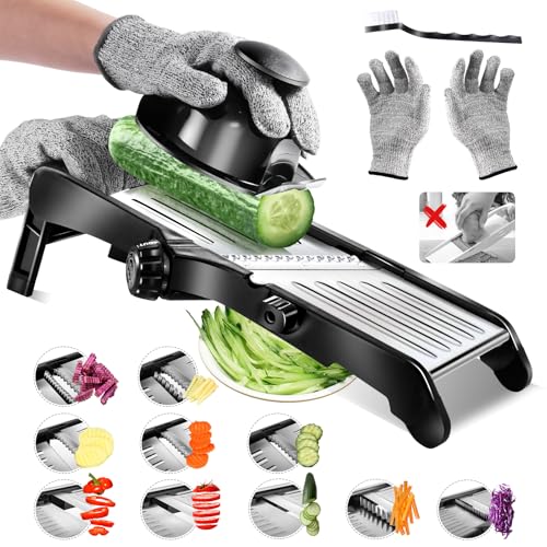 Masthome Mandolina Cocina, Cortador de Verduras Manual con Cuchillas Ajustables, Corte Juliana, Corte Liso o Ondulado, con Protector de Mano, Guantes y Cepillo de Limpieza