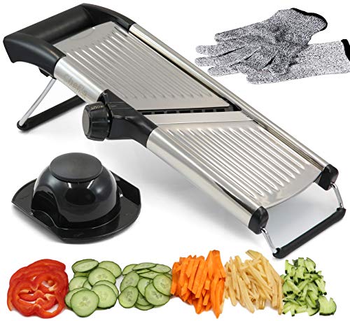 Rebanadora de Mandolina ajustable. Lo mejor para cortar alimentos, frutas y verduras. Rebanadora de Grado profesional para corte juliana. Con guantes a prueba de corte