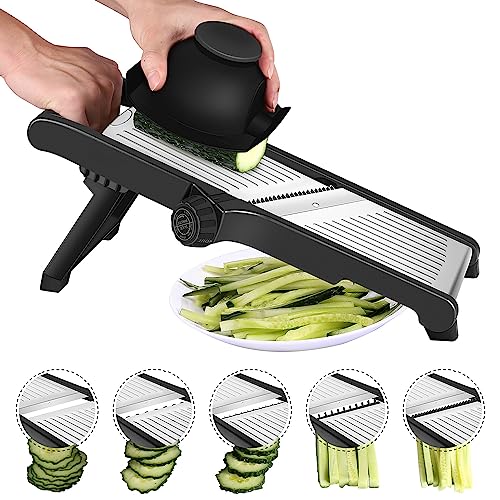 Mandolina de Cocina Profesional Cortador de Verdura - Mandolina Verduras con Guantes de Seguridad, Ajustable en Acero Inoxidable, Hacer Rodajas Gruesas de 1 a 9 mm, Cortador de Verduras Manual