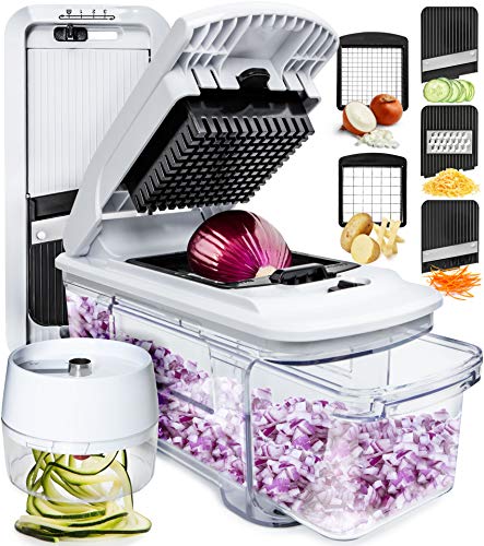Multifuncional Cortador de Verdura Mandolina de Cocina Profesional - Manual Picador de Verduras Patatas Cebolla - Rallador Verduras y Queso - Gadgets Cocina (Todo-en-1 Blanco)