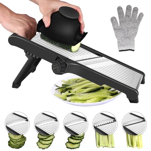 Mandolina de Cocina Cortador de Verdura Manual - Mandolina Verduras con Guantes de Seguridad, Hacer Rebanadas Gruesas de 1 a 9 mm