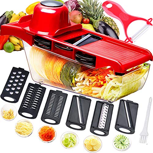 Mandolina cortadora multifuncional,cortador de verduras,trituradora de alimentos,picadora y rallador,6 cuchillas afiladas de acero inoxidable intercambiables con pelador,sistema de protección de manos